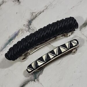 Vintage 90s Hair Clip Barrettes‎ Lot Of 2 Black Cord Wrapped Handpainted